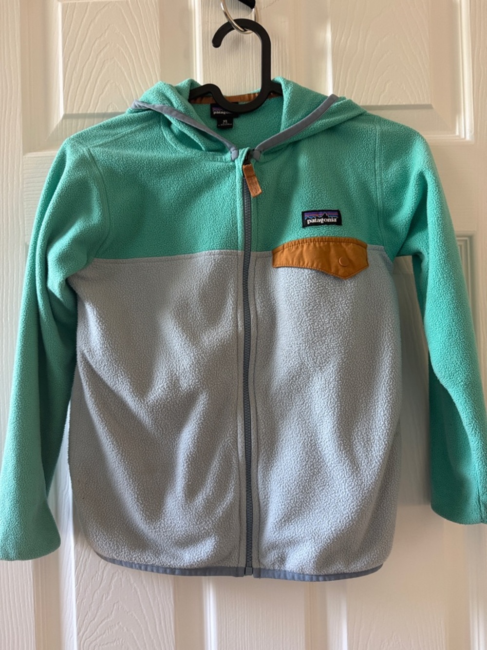 Patagonia Kids Hooded Fleece Jacket in Aqua, Light Gray & Tan Accent
